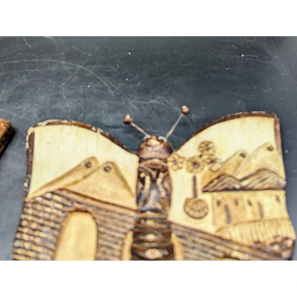Set/2 Vintage Art Pottery Wall Hanging Butterfly Brown Buildings 7.5